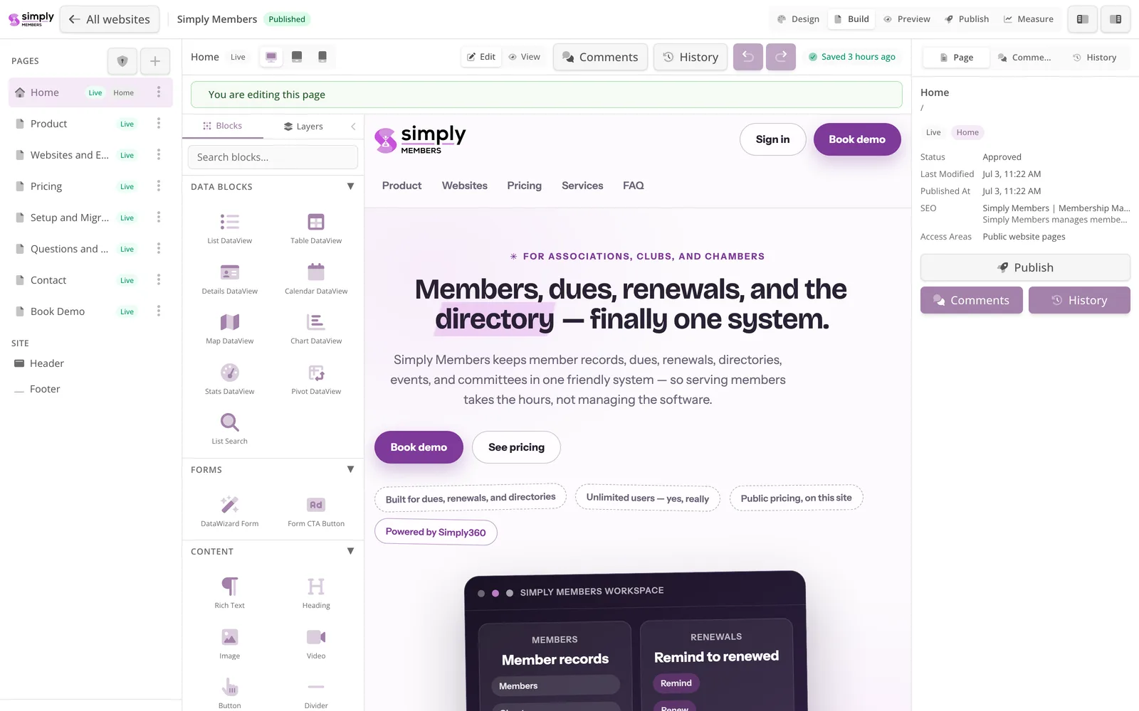 The Simply Members website in Website Studio.
