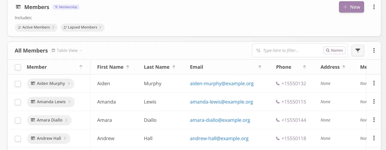 The member directory table in Simply Members.